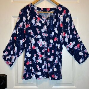 Westbound Abstract Floral Navy/Pink/White Blouse Sz S Button 3/4 Sleeves NWT